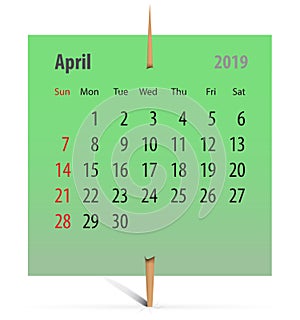 Calendar for April 2019