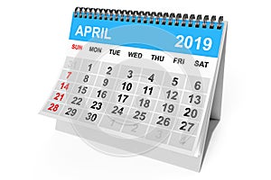 Calendar April 2019. 3d Rendering