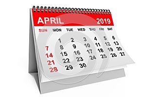 Calendar April 2019. 3d rendering