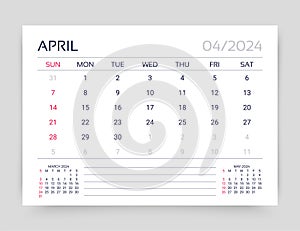 Calendar for April 2024 year. Desk monthly planner template. Vector illustration