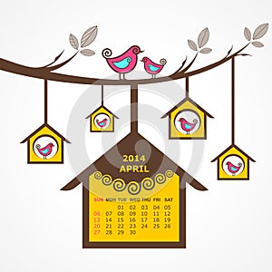 Calendar of April 2014 with birds sit on branch