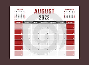 calendar for august 2023 starts sunday, vector calendar design august 2023 year