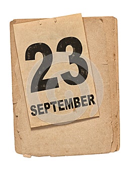 Calendar book page 23 September Old paper isolated