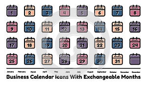 Calendar Business Icons Set - Flat Colorful Vector Illustrations Isolated On White Background