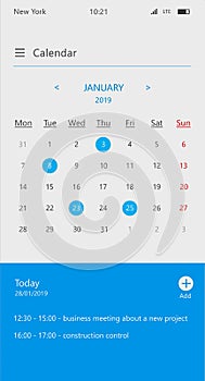 Calendar and business organizer app screen