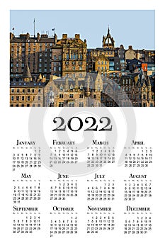 Calendar card for 2022. Travel illustration. Architecture . Edinburgh Scotland