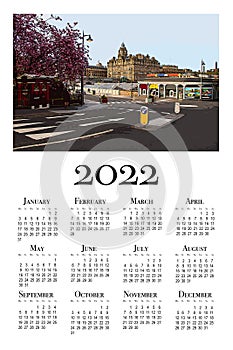 Calendar card for 2022. Travel illustration. Architecture . Edinburgh Scotland