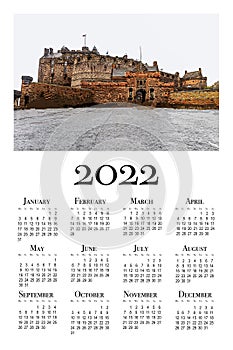 Calendar card for 2022. Travel illustration. Architecture . Edinburgh Scotland