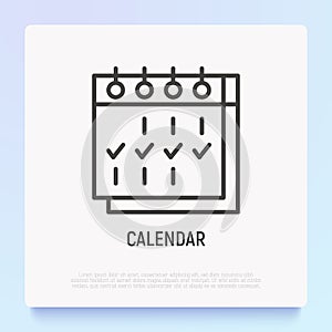 Calendar with check marks thin line icon. Modern vector illustration