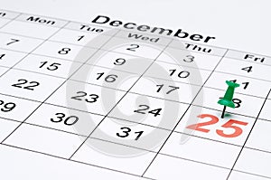 A calendar with Christmas day marked with a