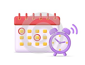 Calendar with clock. 3d icon for time, reminder and schedule. Concept of remember, event and meeting. Illustration of calender for