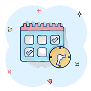 Calendar with clock icon in comic style. Agenda cartoon vector illustration on white isolated background. Schedule time planner