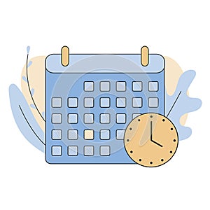 Calendar with clock icon. Concept of organization appointment, schedule, deadline, timing. Vector illustration, flat