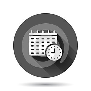 Calendar with clock icon in flat style. Agenda vector illustration on black round background with long shadow effect. Schedule