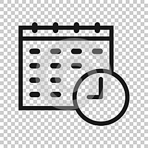 Calendar with clock icon in flat style. Agenda vector illustration on white isolated background. Schedule time planner business