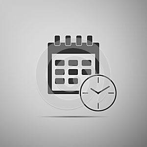 Calendar and clock icon isolated on grey background. Schedule, appointment, organizer, timesheet, time management