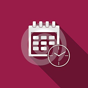Calendar and clock icon isolated with long shadow.Schedule, appointment, organizer, timesheet, time management