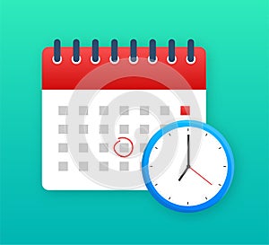 Calendar and clock icon. Wall calendar. Important, schedule, appointment date. Vector stock illustration.