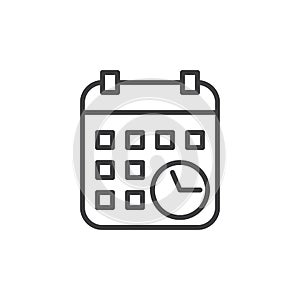 Calendar with clock line icon, outline vector sign, linear style pictogram isolated on white.