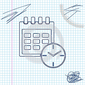 Calendar and clock line sketch icon isolated on white background. Schedule, appointment, organizer, timesheet, time
