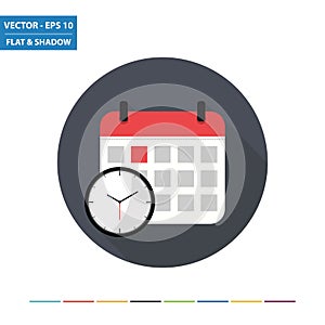 Calendar and clock - time flat icon with long shadow