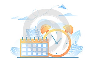 Calendar and clock. Time management concept, organization of working time, deadline.  Vector illustration