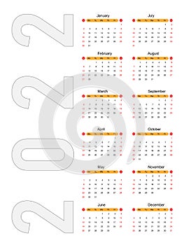 Calendar 2022 - color illustration. Week starts on Sunday