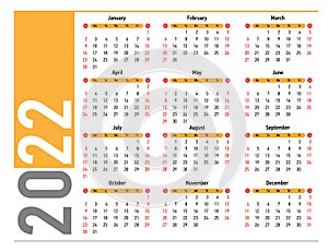 Calendar 2022 - color vector illustration. Week starts on Sunday