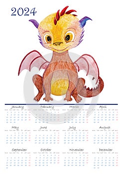 Calendar with cute hand-painted watercolor dragon for 2024 year. illustration