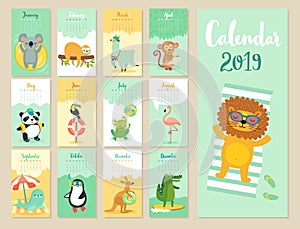 Calendar 2019. Cute monthly calendar with forest animals.