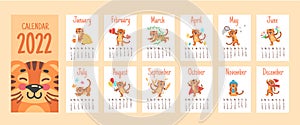 Calendar cute tigers. Chinese new year 2022, all month pages with animal characters, winter christmas planner, cartoon