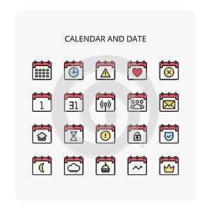 calendar and date icon set outline color style