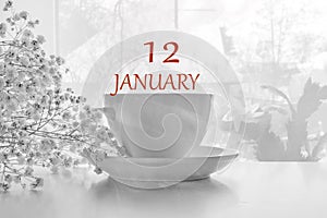 Calendar date on light background with porcelain white tea pair and white gypsophila with copy space. January 12 is the twelfth