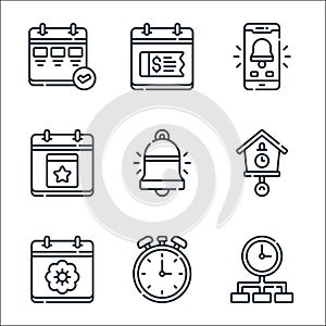 Calendar and date line icons. linear set. quality vector line set such as time management, chronometer, spring, clock, bell, event