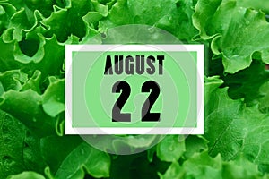 Calendar date oncalendar date on the background of green lettuce leaves. August 22 is the twenty-second day of the month