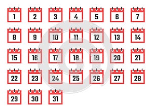 Calendar dates flat icon set from 1 to 31