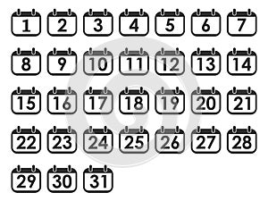 Calendar day icon set, number on calendar page. Vector illustration, flat design