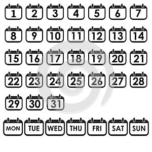 Calendar day icon set, number on calendar page. Vector illustration, flat design