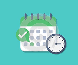 Calendar deadline with check and clock in a flat design