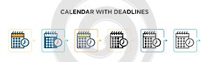 Calendar with deadlines vector icon in 6 different modern styles. Black, two colored calendar with deadlines icons designed in