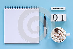 calendar December 1 cup cocoa and marshmallow, empty open notepad