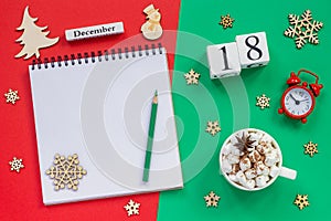 calendar December 18th cup cocoa and marshmallow, empty open notepad