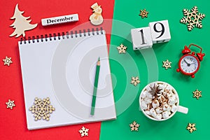 calendar December 19th cup cocoa and marshmallow, empty open notepad