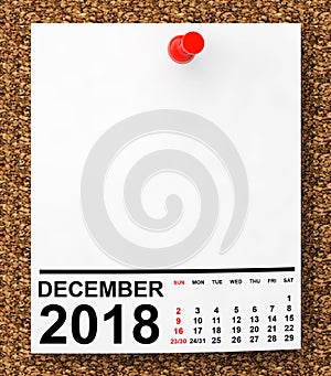 Calendar December 2018. 3d Rendering