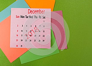 Calendar for December 2018 closeup