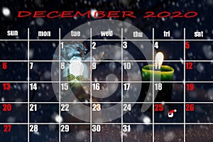 Calendar for December, 2020. Winter and holiday decor. Little angel and candle on the snow