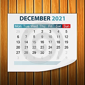 Calendar December 2021 on wood