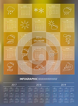 2016 Calendar design template with weather icon set