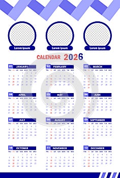 Calendar design template 2026 vector. Calendar 2026 Template vector. Editable Calendar Design 2026
