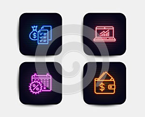 Calendar discounts, Online statistics and Accounting wealth icons. Wallet sign. Vector